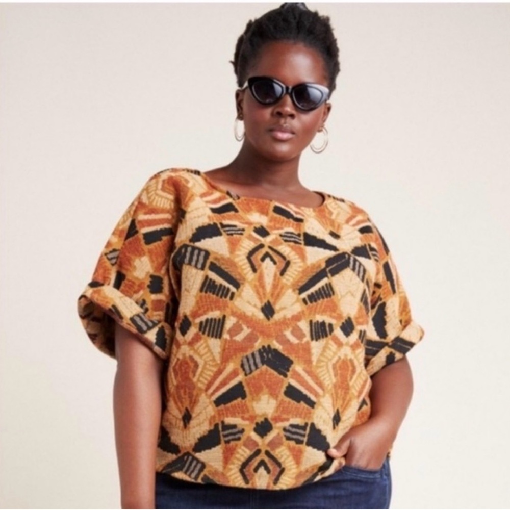 dolan Multicolor Geometric Print Short Sleeve Top (Black, Tan, Rust)